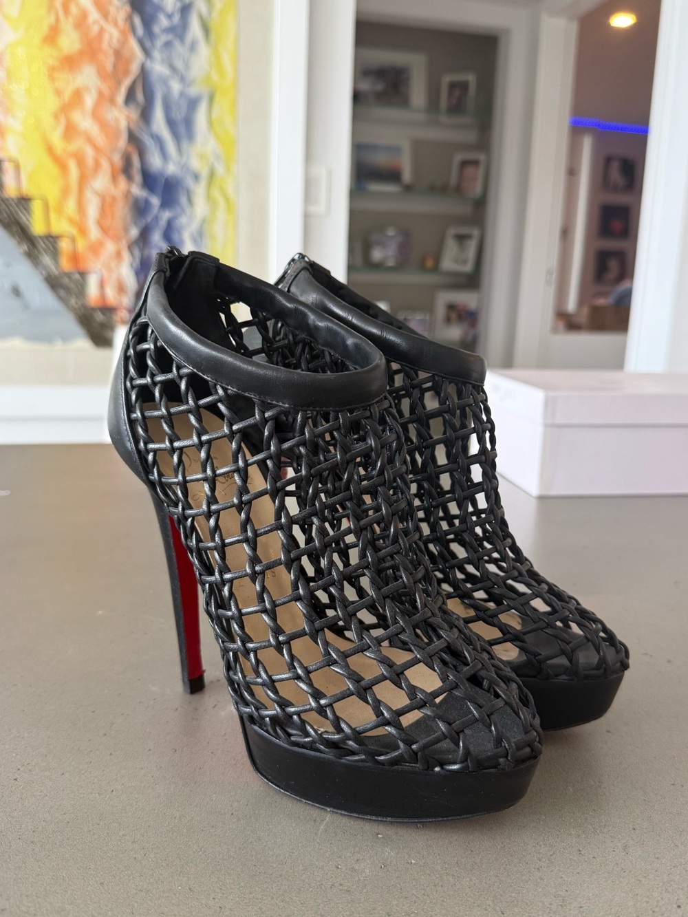 Christian Louboutin Black Leather Cage Peep-Toe Booties with Red Sole